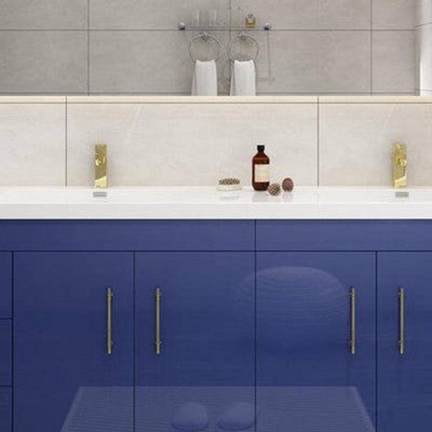 Elara 84&quot; High Gloss Night Blue Freestanding Vanity With Double Reinforced White Acrylic Sinks