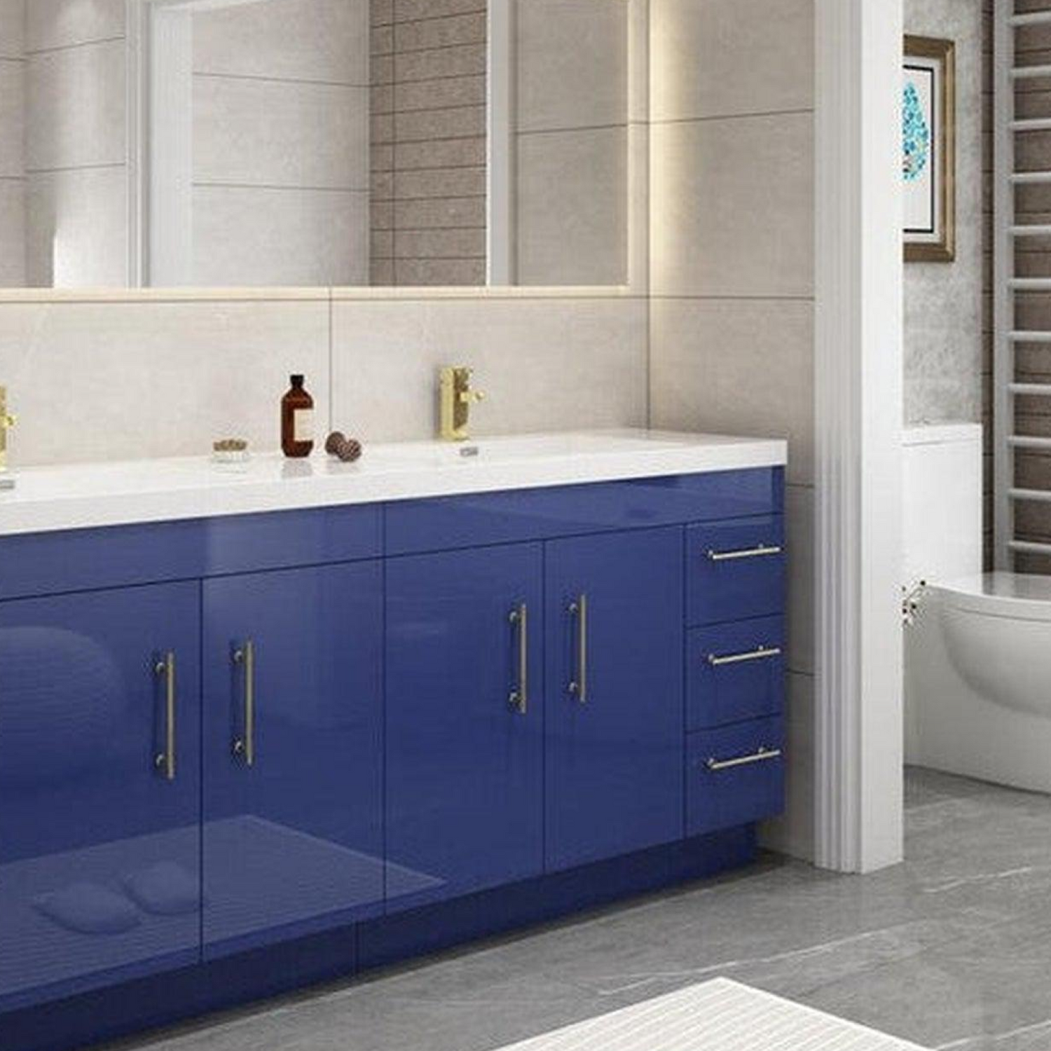 Elara 84&quot; High Gloss Night Blue Freestanding Vanity With Double Reinforced White Acrylic Sinks