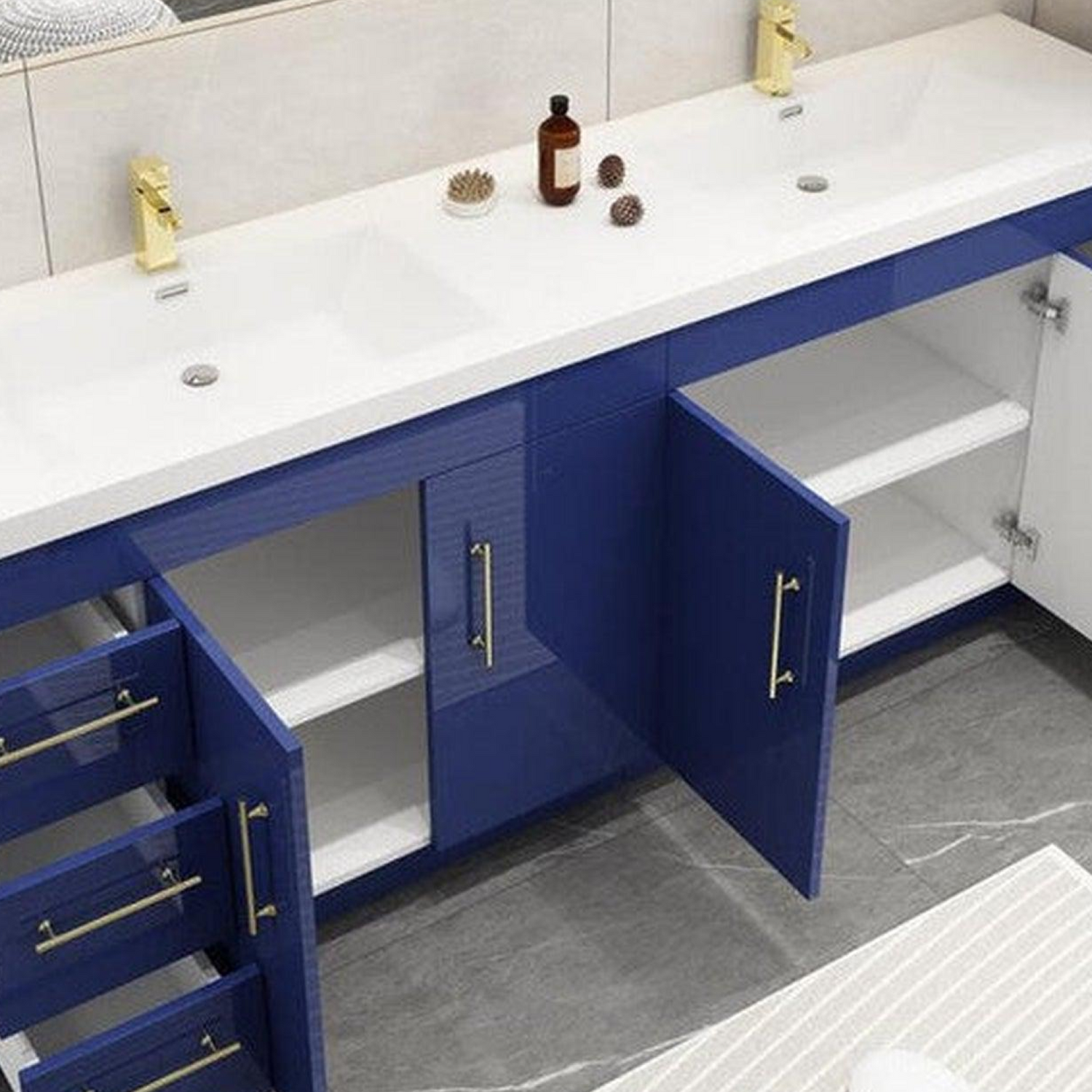 Elara 84&quot; High Gloss Night Blue Freestanding Vanity With Double Reinforced White Acrylic Sinks