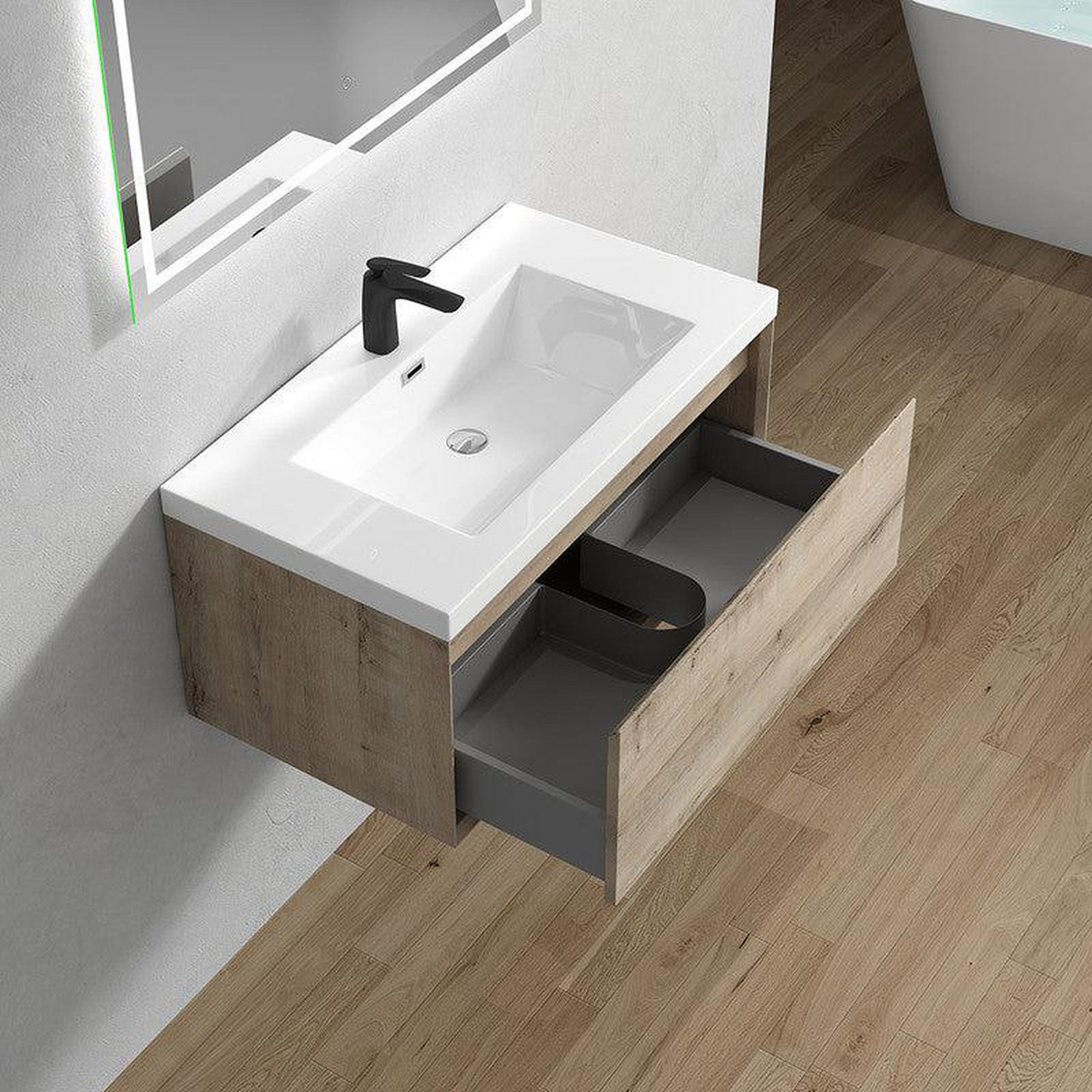 Bellezza 36&quot; Light Oak Wall-Mounted Vanity With Single Reinforced White Acrylic Sink