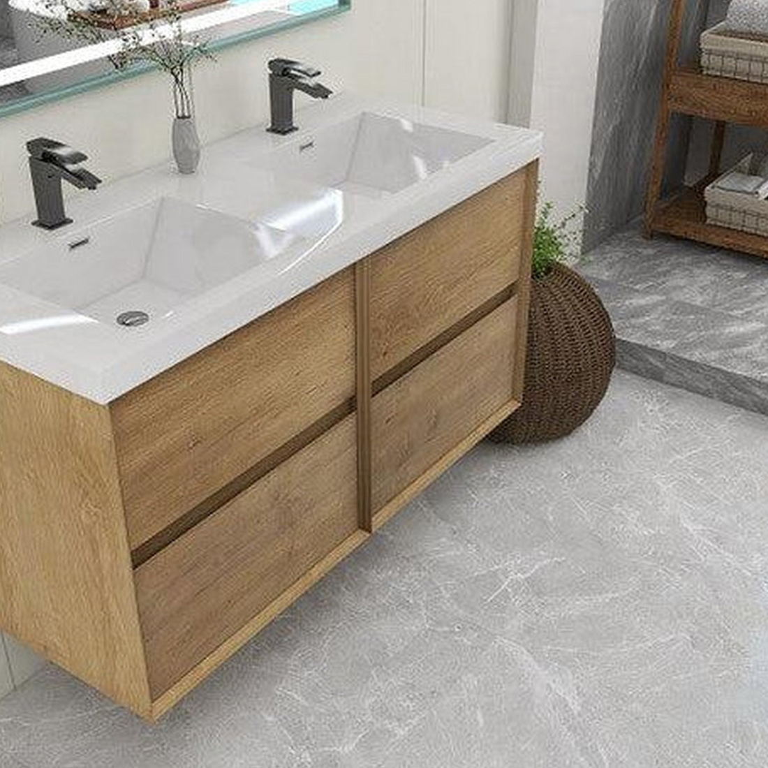 Noble 48&quot; White Oak Wall-Mounted Modern Vanity With Double Reinforced White Acrylic Sinks
