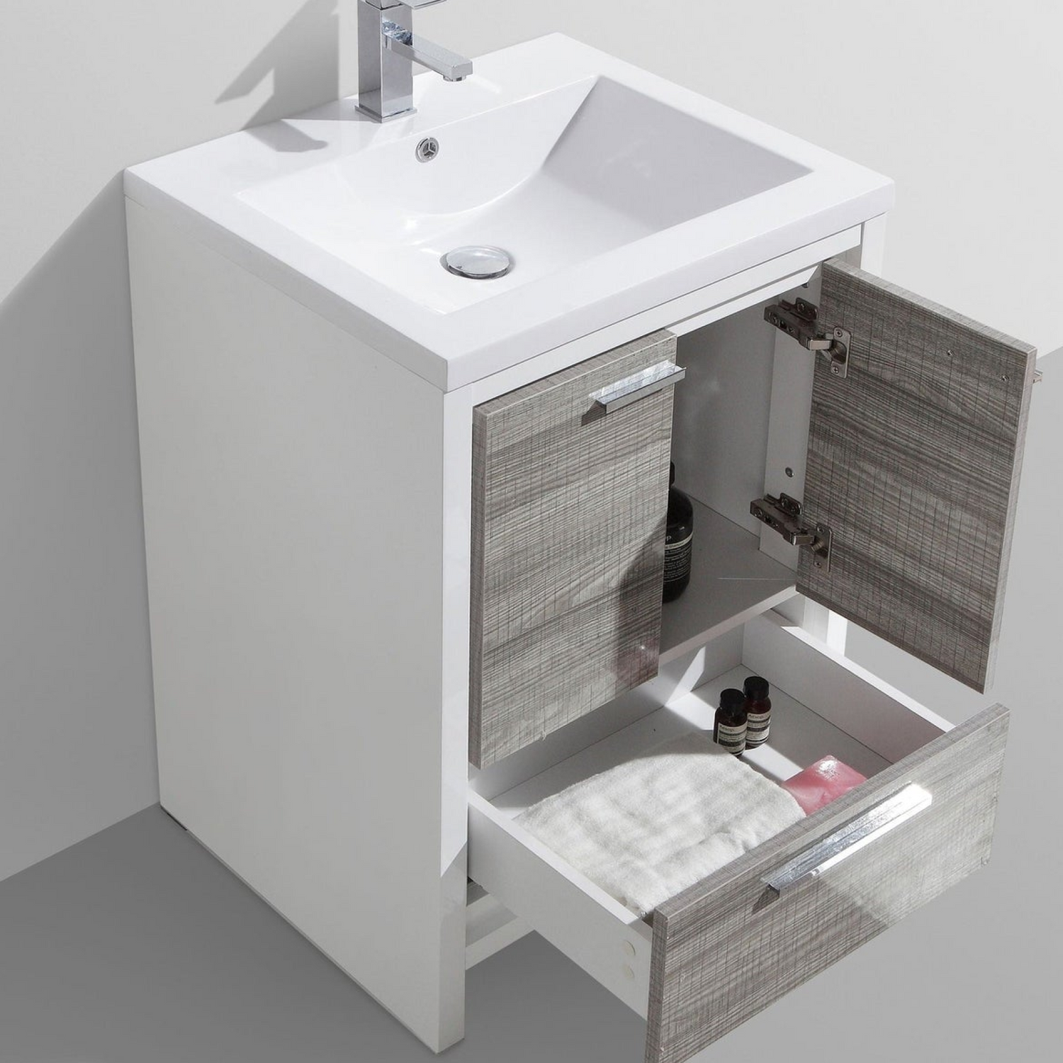 Amara 24&quot; High Gloss Ash Gray Freestanding Vanity With Single Reinforced White Acrylic Sink