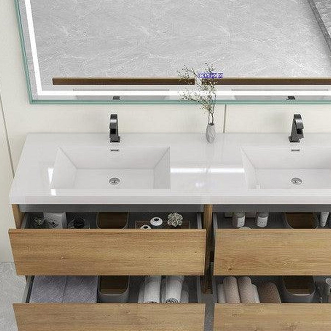 Noble 72&quot; White Oak Wall-Mounted Modern Vanity With Double Reinforced White Acrylic Sinks