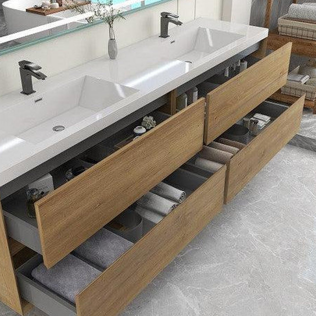 Noble 84&quot; White Oak Wall-Mounted Modern Vanity With Double Reinforced White Acrylic Sinks