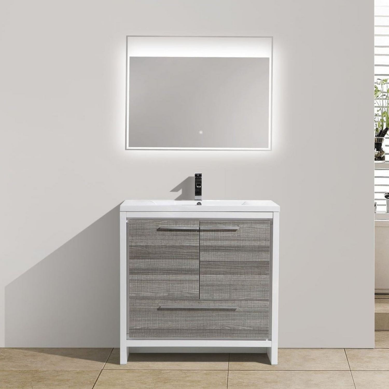 Amara 36&quot; High Gloss Ash Gray Freestanding Vanity With Single Reinforced White Acrylic Sink