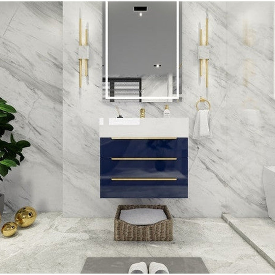 Elara 24&quot; High Gloss Night Blue Wall-Mounted Vanity With Single Reinforced White Acrylic Sink