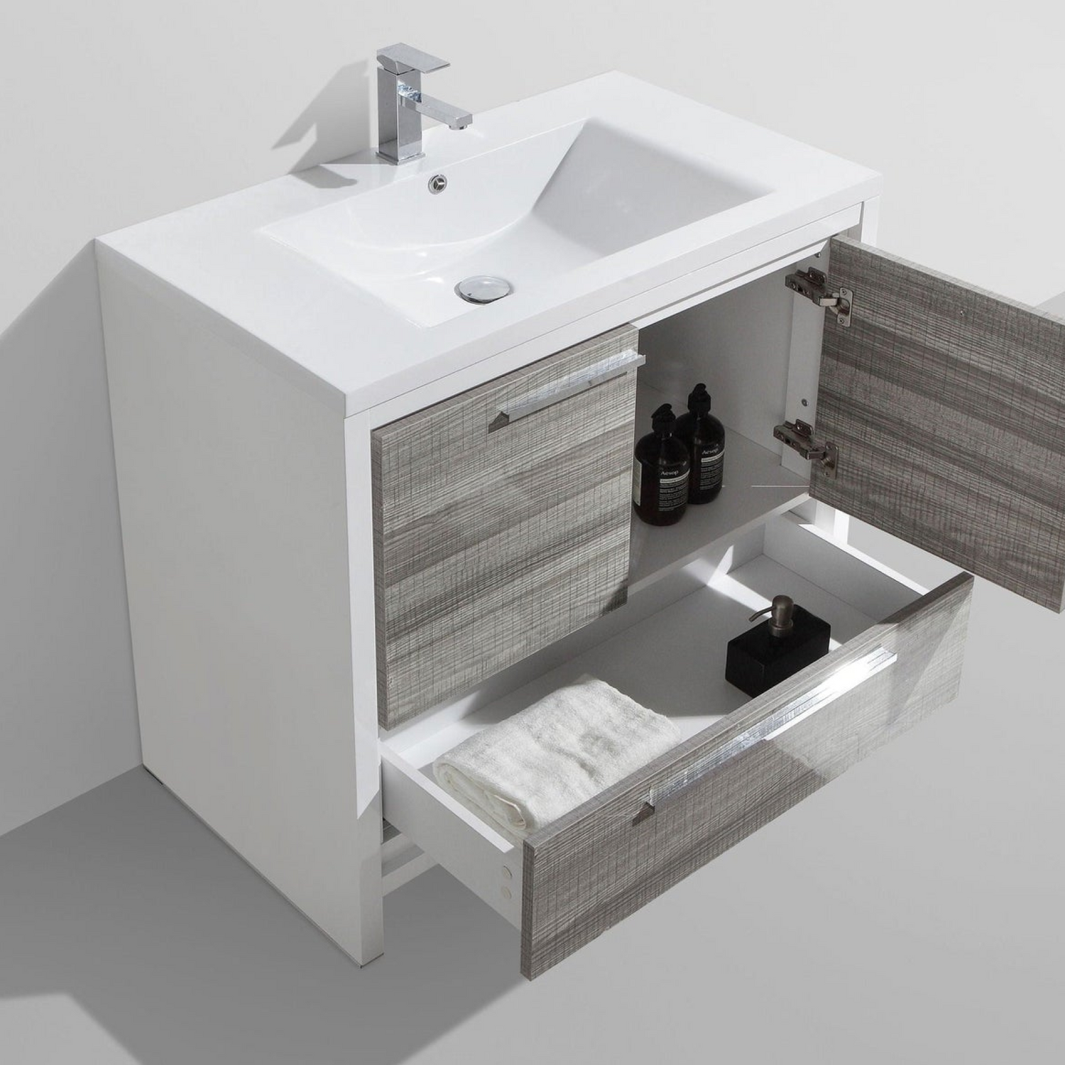 Amara 36&quot; High Gloss Ash Gray Freestanding Vanity With Single Reinforced White Acrylic Sink