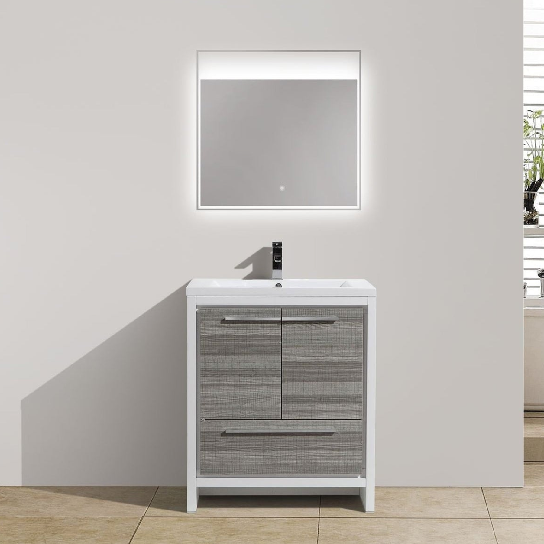 Amara 30&quot; High Gloss Ash Gray Freestanding Vanity With Single Reinforced White Acrylic Sink