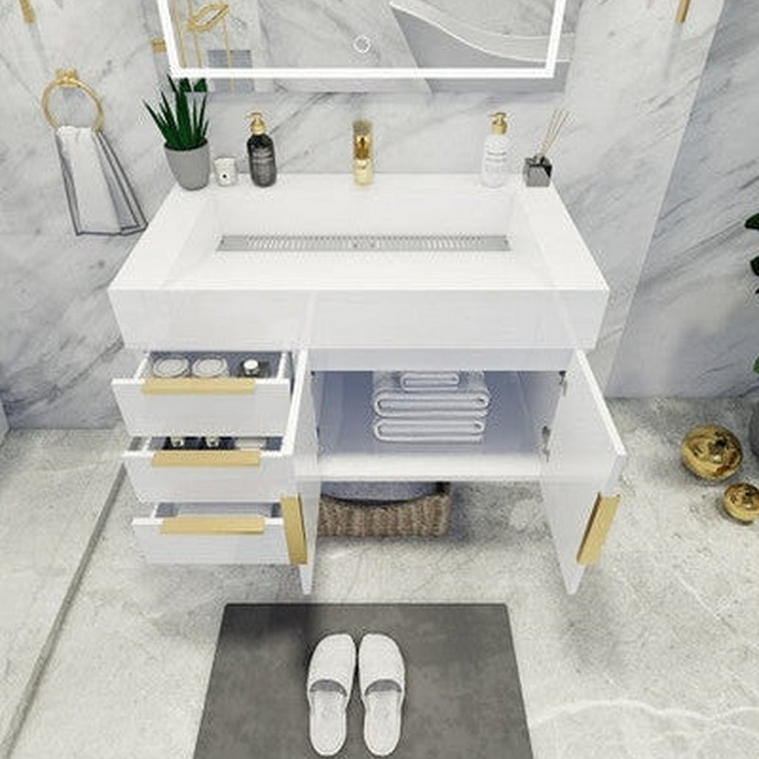 Elara 36&quot; High Gloss White Wall-Mounted Vanity With Left Side Drawers and Single Reinforced White Acrylic Sink