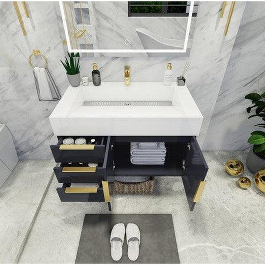 Elara 36&quot; High Gloss Gray Wall-Mounted Vanity With Left Side Drawers and Single Reinforced White Acrylic Sink