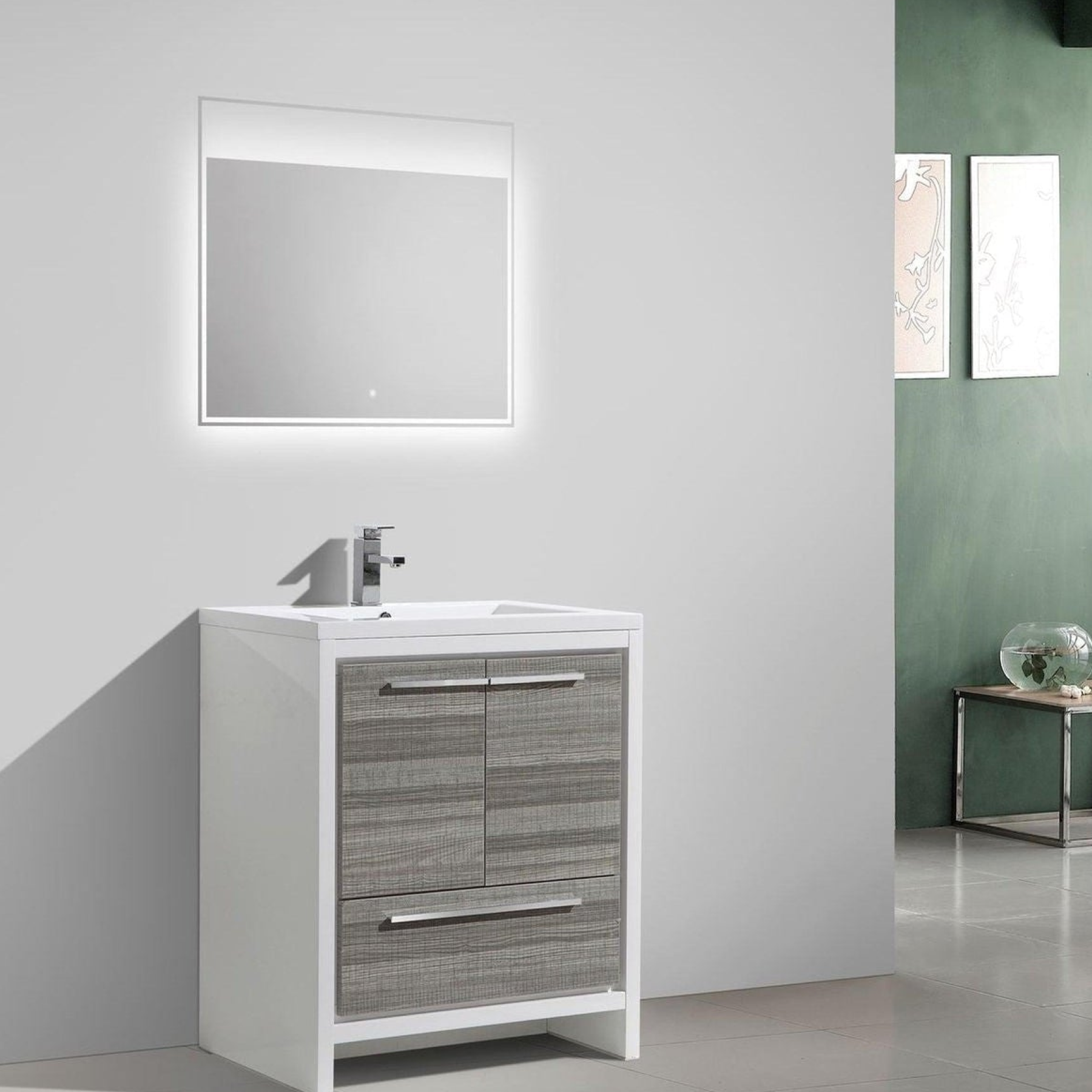 Amara 30&quot; High Gloss Ash Gray Freestanding Vanity With Single Reinforced White Acrylic Sink