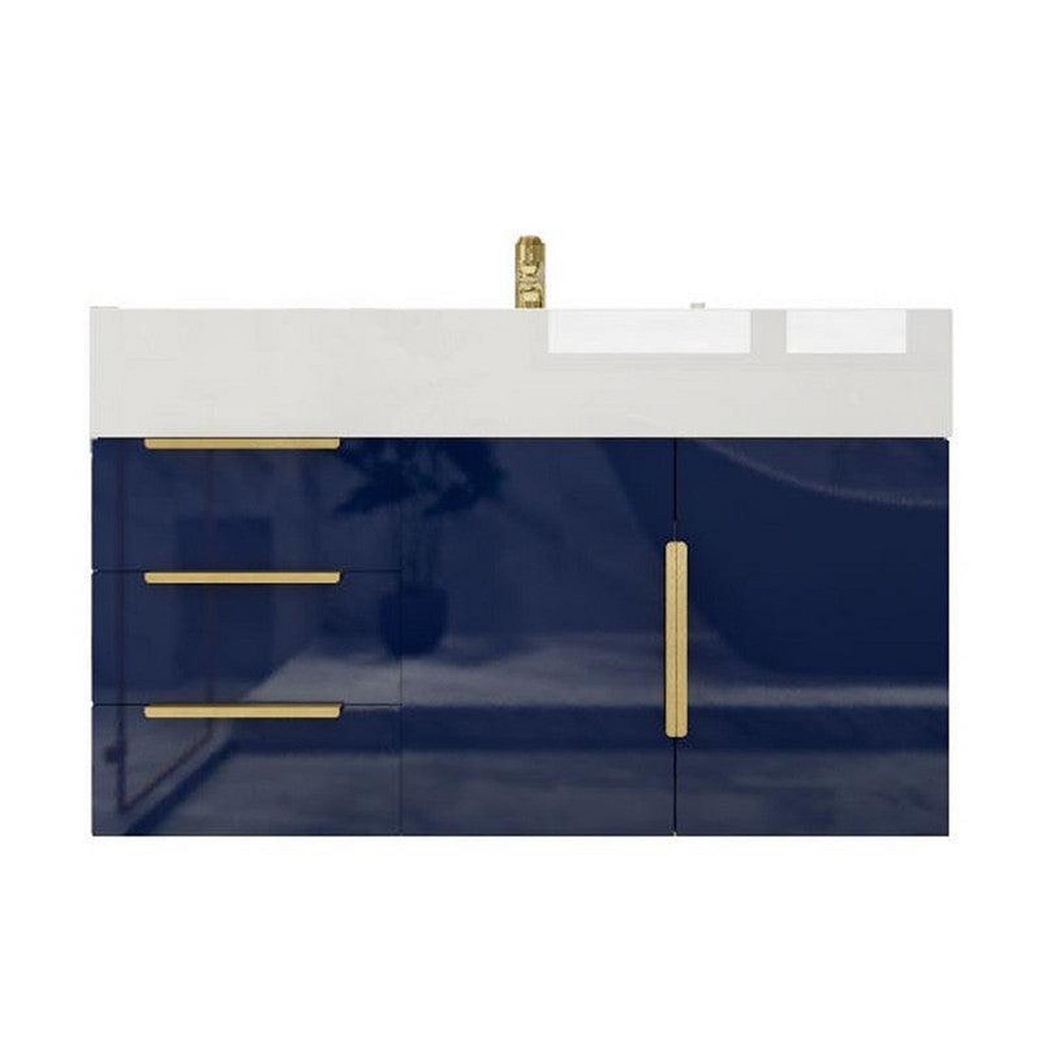Elara 36&quot; High Gloss Night Blue Wall-Mounted Vanity With Left Side Drawers and Single Reinforced White Acrylic Sink