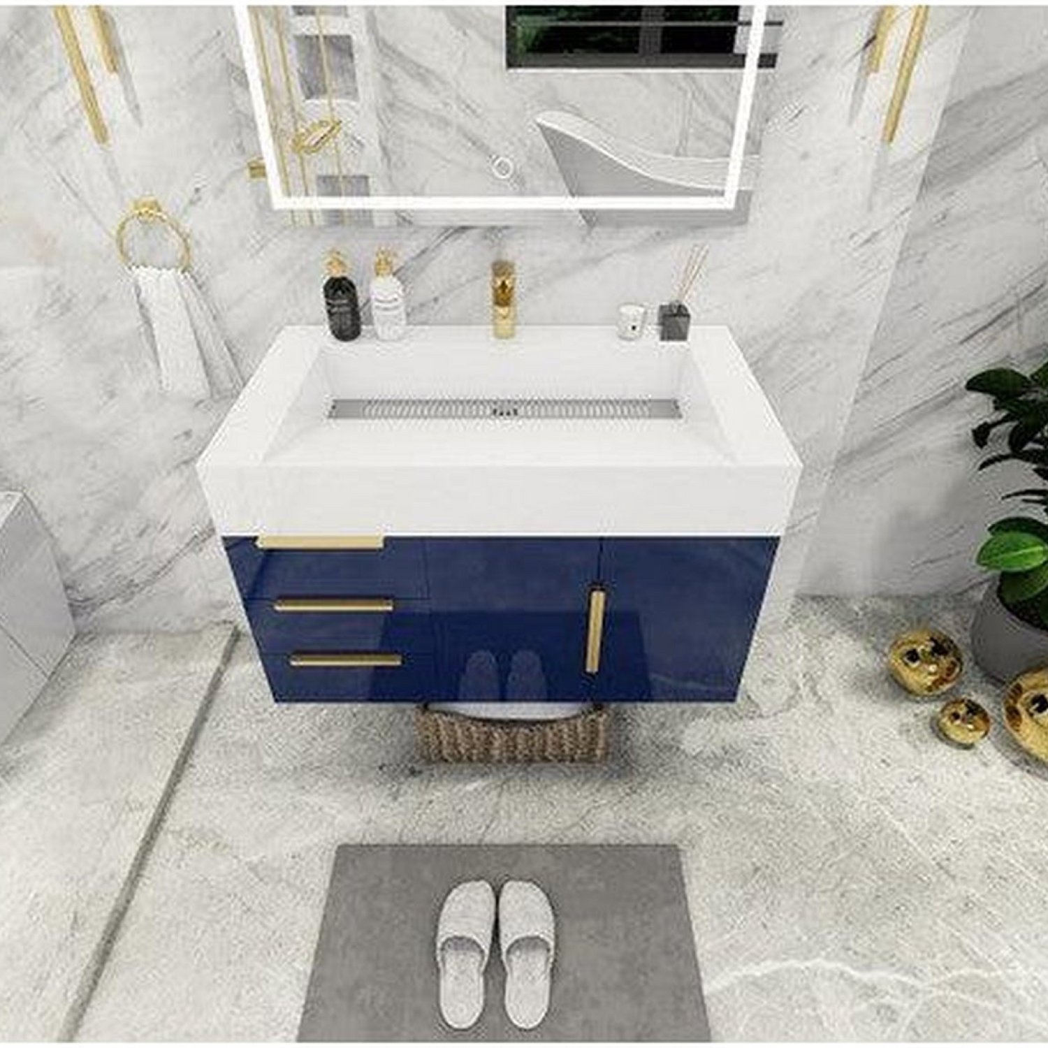 Elara 36&quot; High Gloss Night Blue Wall-Mounted Vanity With Left Side Drawers and Single Reinforced White Acrylic Sink