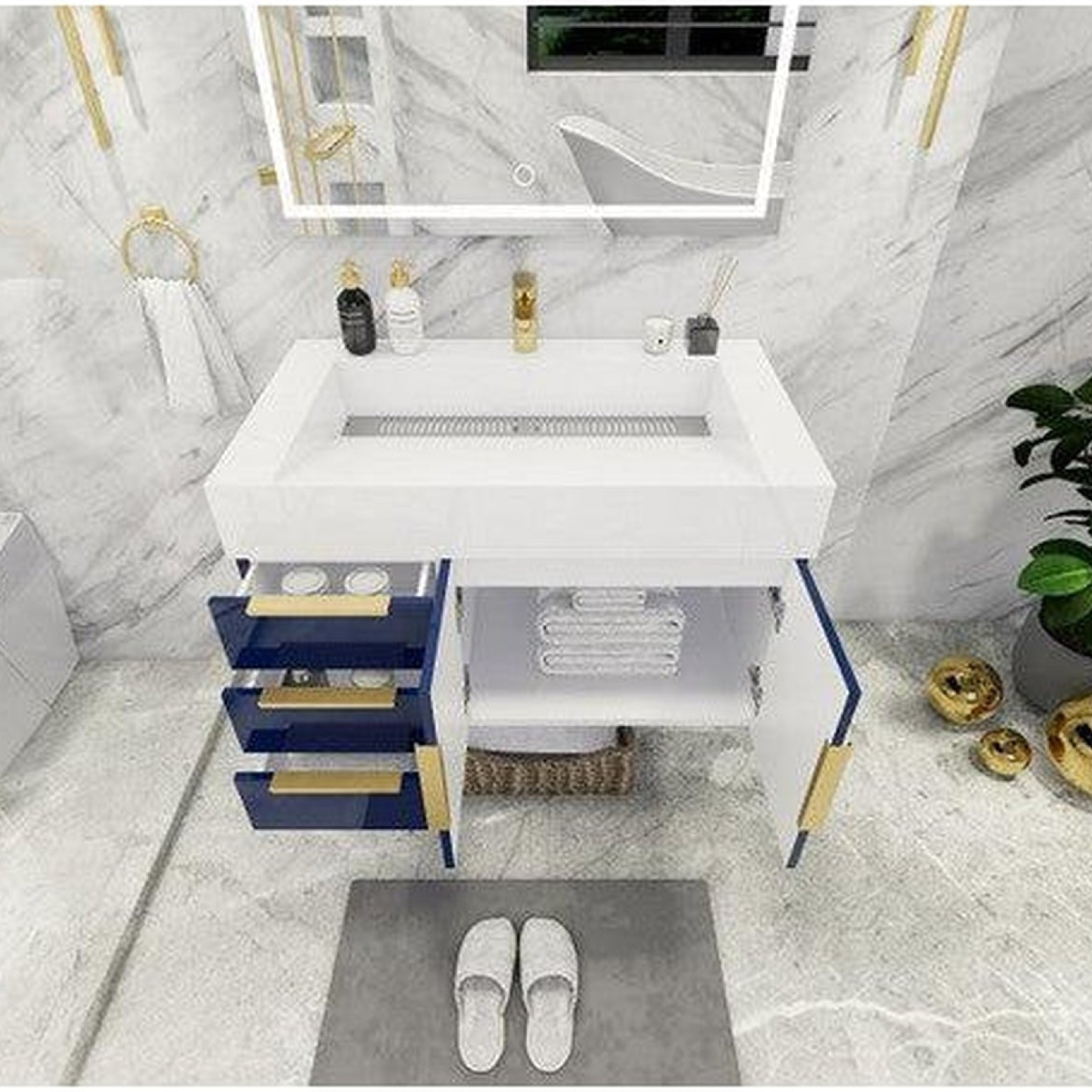 Elara 36&quot; High Gloss Night Blue Wall-Mounted Vanity With Left Side Drawers and Single Reinforced White Acrylic Sink