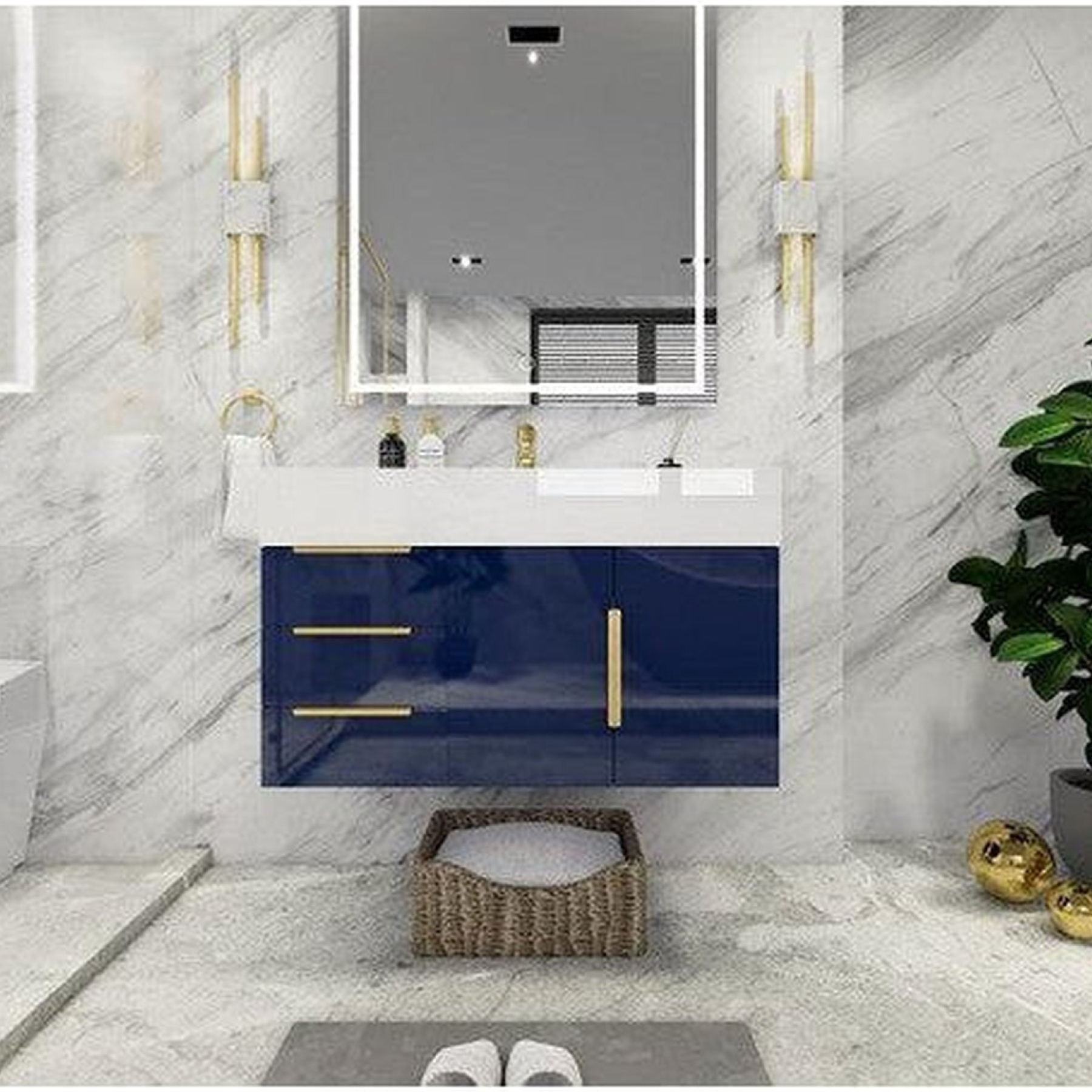 Elara 36&quot; High Gloss Night Blue Wall-Mounted Vanity With Left Side Drawers and Single Reinforced White Acrylic Sink