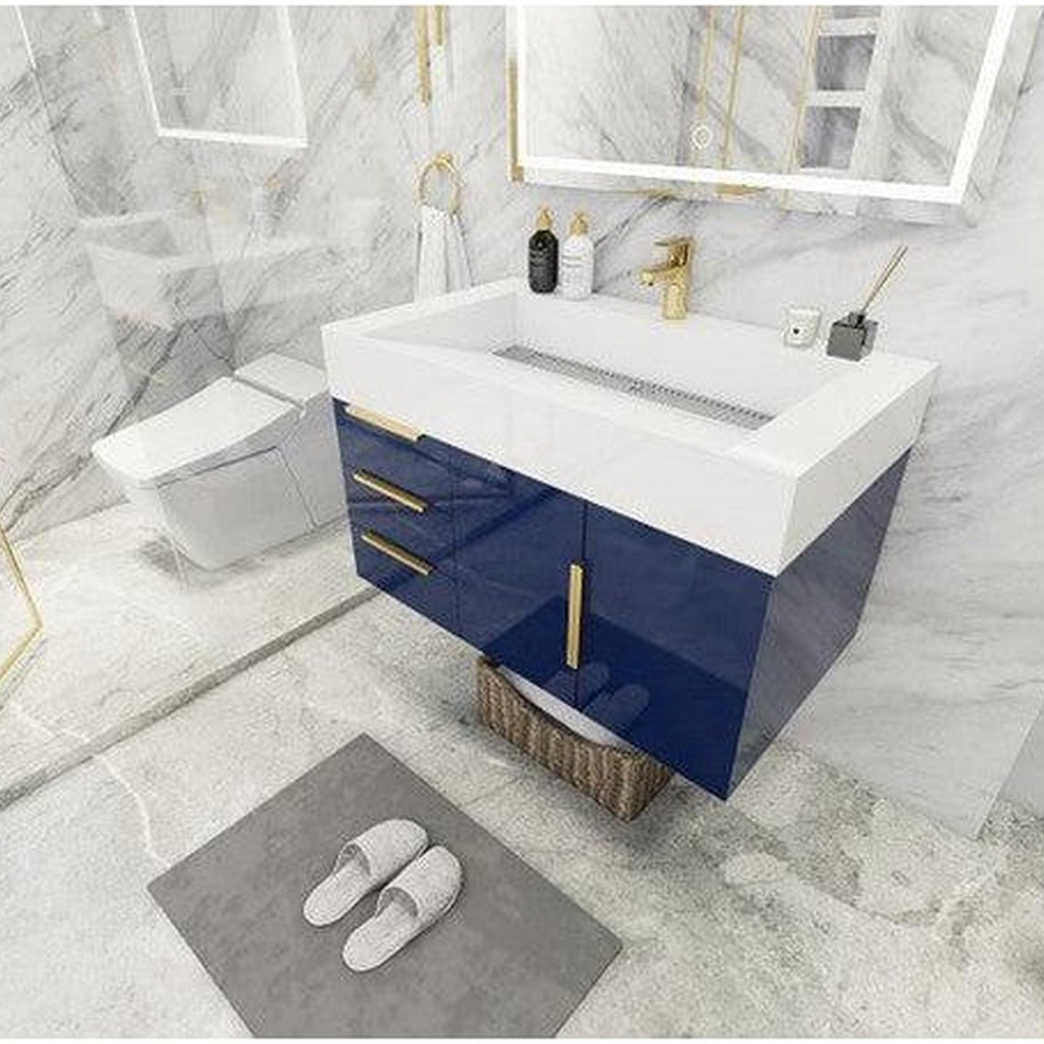 Elara 36&quot; High Gloss Night Blue Wall-Mounted Vanity With Left Side Drawers and Single Reinforced White Acrylic Sink