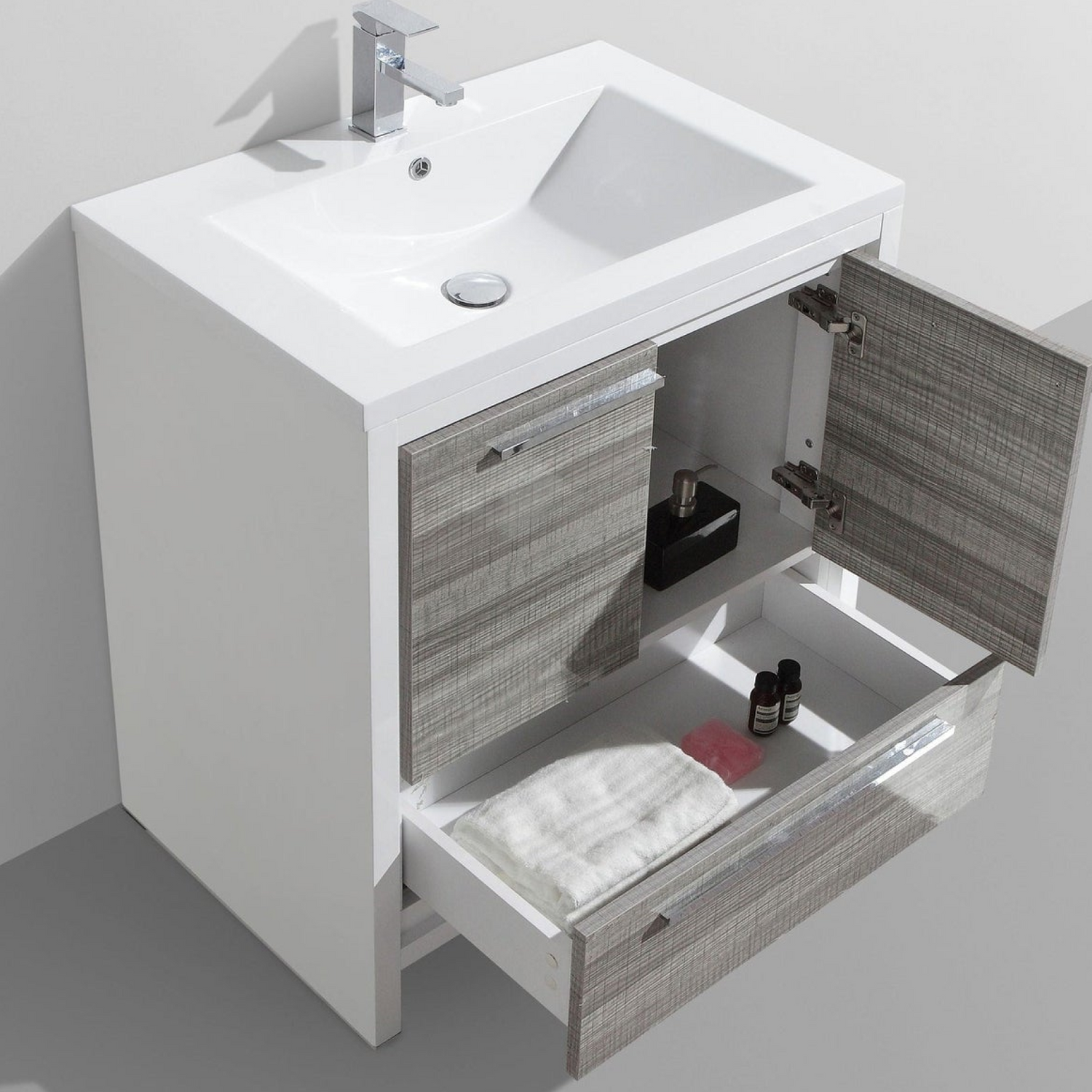 Amara 30&quot; High Gloss Ash Gray Freestanding Vanity With Single Reinforced White Acrylic Sink