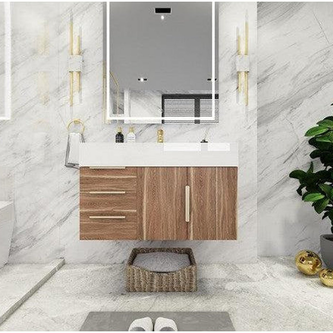Elara 36&quot; White Oak Wall-Mounted Vanity With Left Side Drawers and Single Reinforced White Acrylic Sink