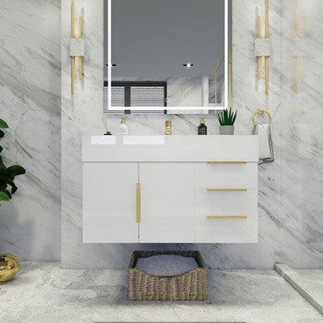 Elara 36&quot; High Gloss White Wall-Mounted Vanity With Right Side Drawers and Single Reinforced White Acrylic Sink