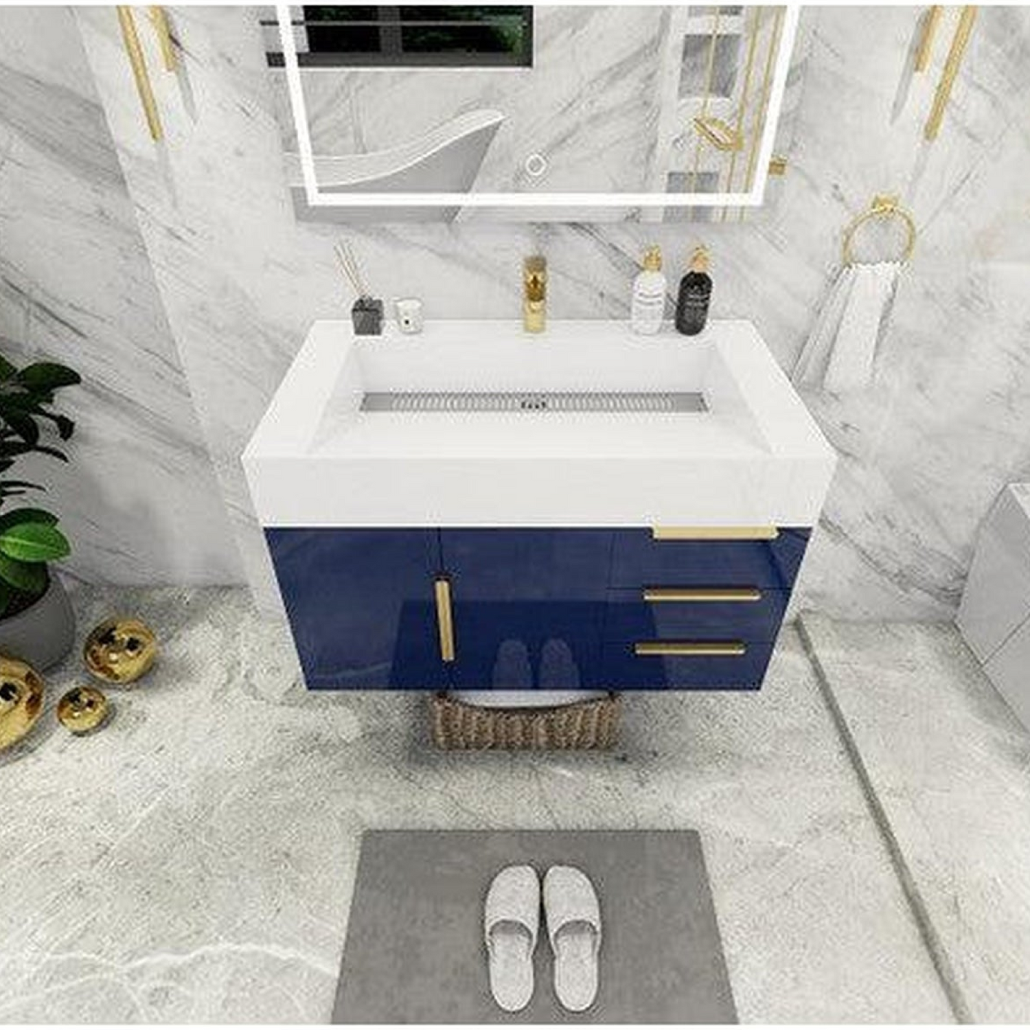 Elara 36&quot; High Gloss Night Blue Wall-Mounted Vanity With Right Side Drawers and Single Reinforced White Acrylic Sink