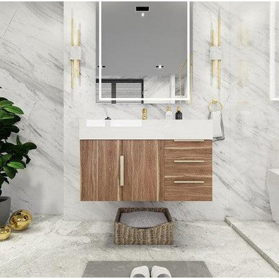 Elara 36&quot; White Oak Wall-Mounted Vanity With Right Side Drawers and Single Reinforced White Acrylic Sink