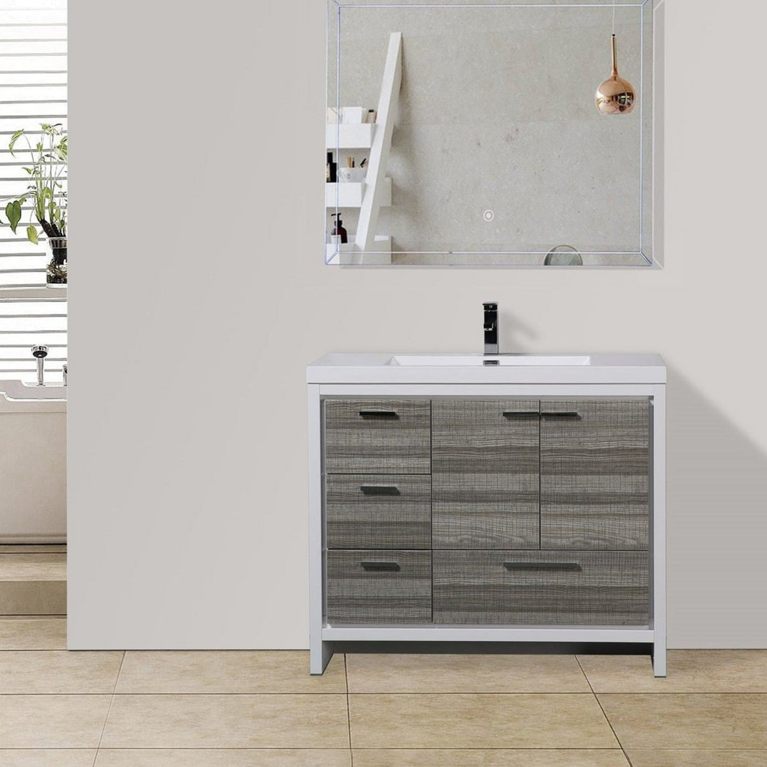 Amara 42&quot; High Gloss Ash Gray Freestanding Vanity With Left Side Drawers and Single Reinforced White Acrylic Sink