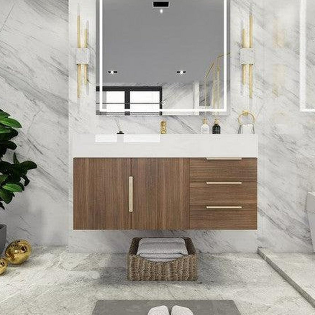 Elara 42&quot; Rosewood Wall-Mounted Vanity With Right Side Drawers and Single Reinforced White Acrylic Sink