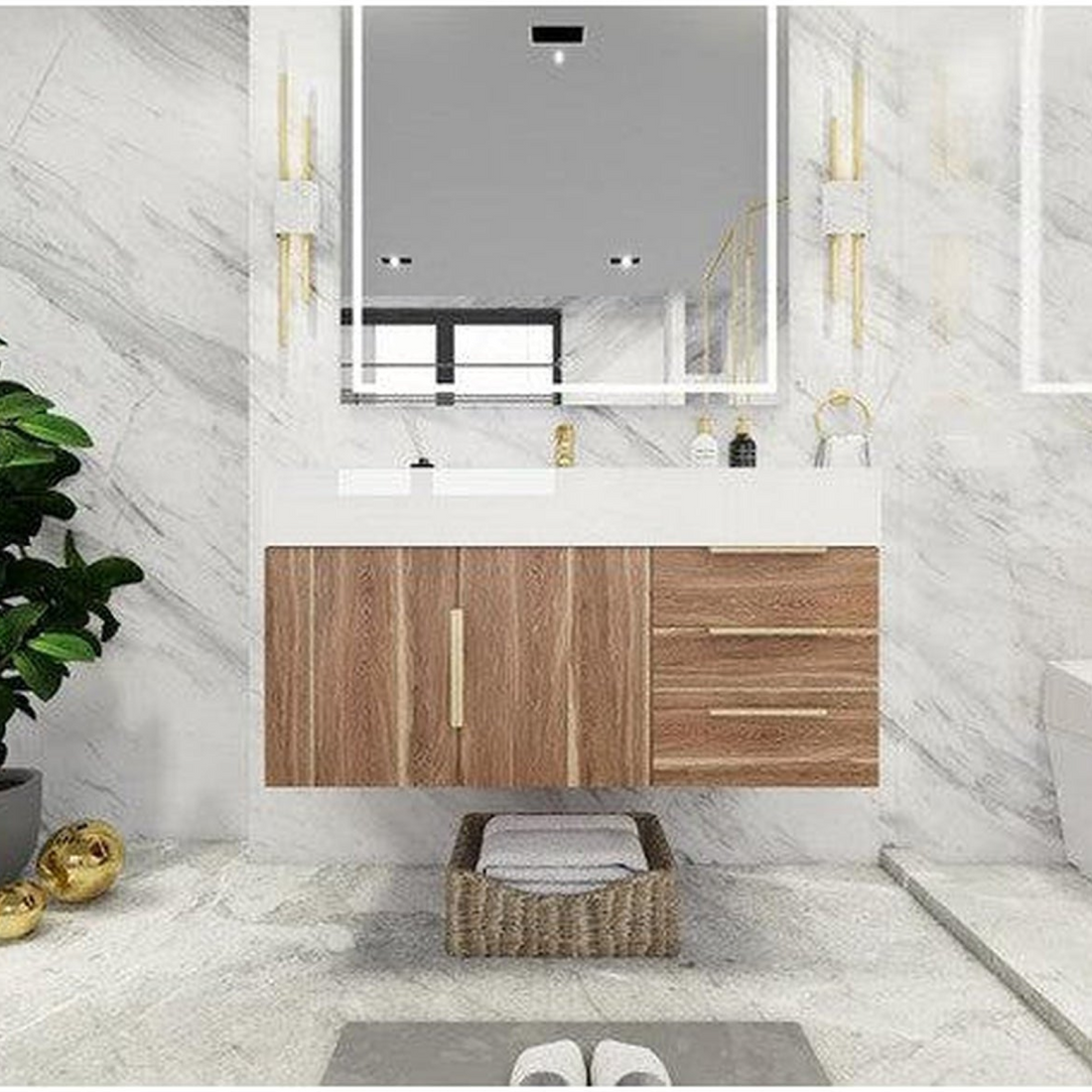 Elara 42&quot; White Oak Wall-Mounted Vanity With Right Side Drawers and Single Reinforced White Acrylic Sink