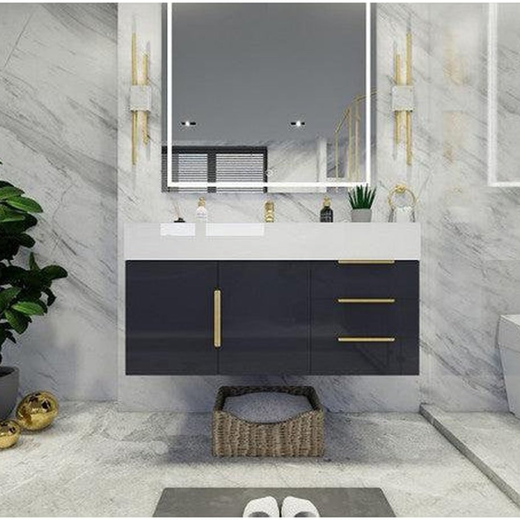 Elara 42&quot; High Gloss Gray Wall-Mounted Vanity With Right Side Drawers and Single Reinforced White Acrylic Sink