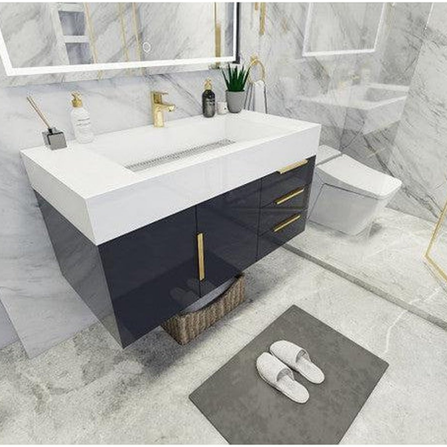Elara 42&quot; High Gloss Gray Wall-Mounted Vanity With Right Side Drawers and Single Reinforced White Acrylic Sink