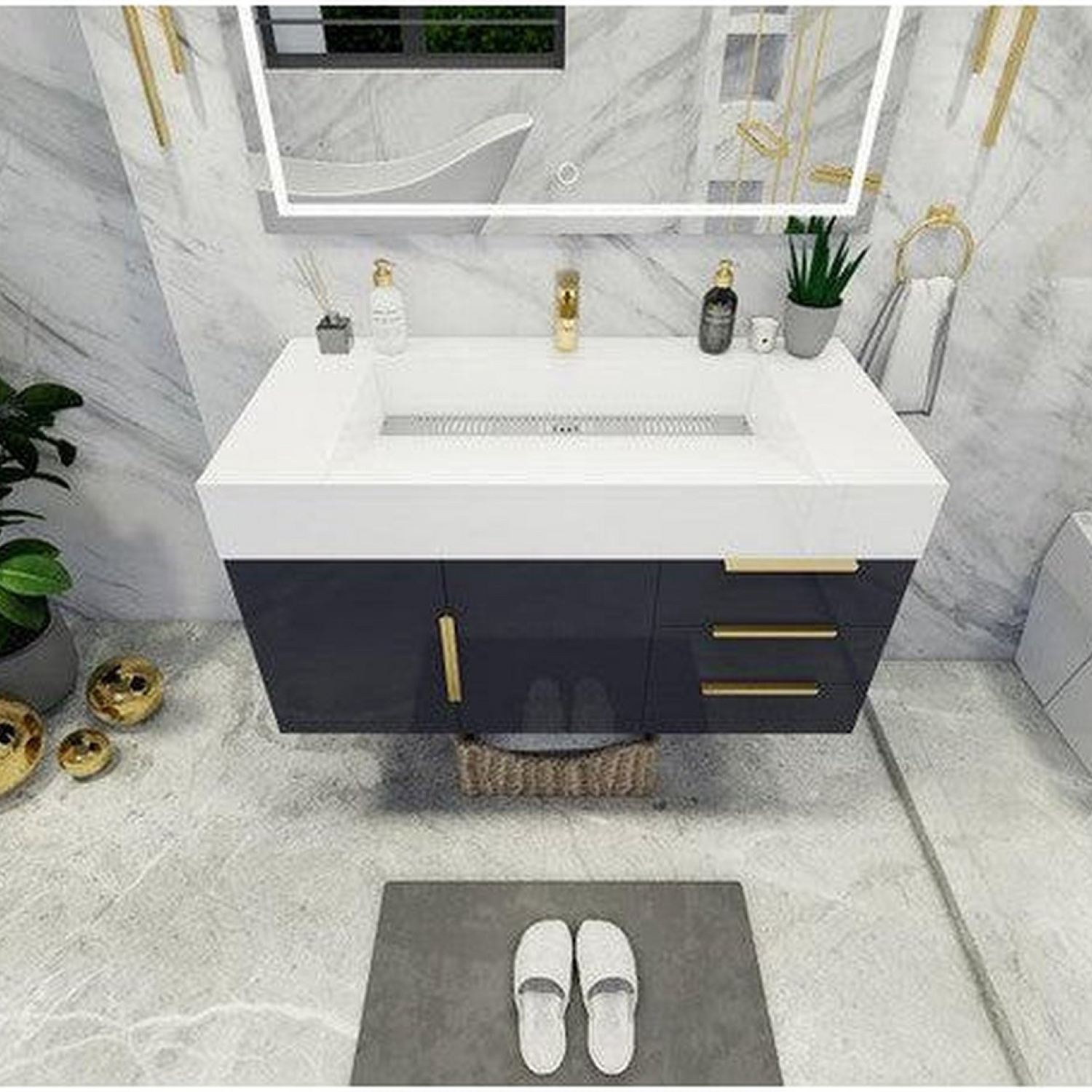 Elara 42&quot; High Gloss Gray Wall-Mounted Vanity With Right Side Drawers and Single Reinforced White Acrylic Sink