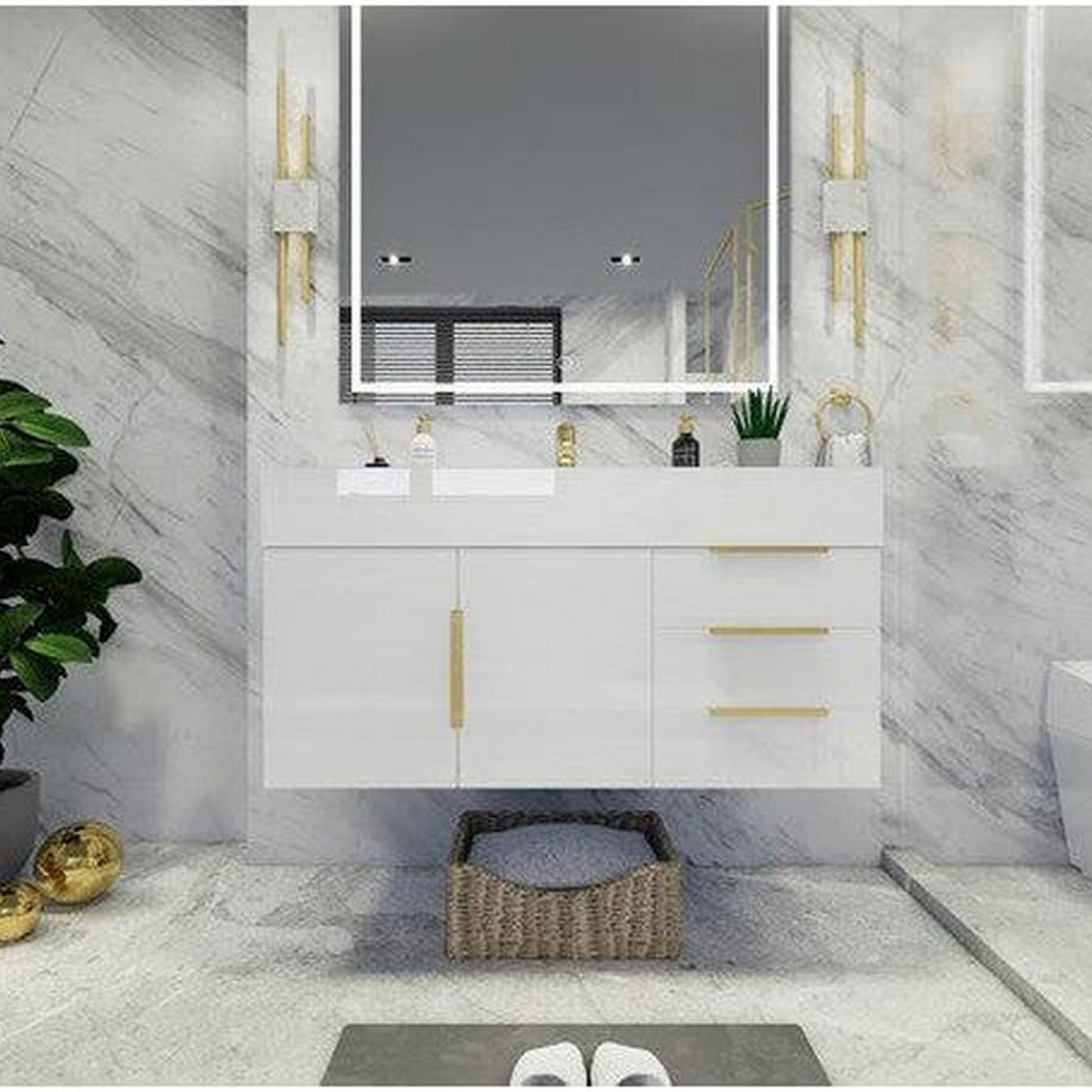 Elara 42&quot; High Gloss White Wall-Mounted Vanity With Right Side Drawers and Single Reinforced White Acrylic Sink