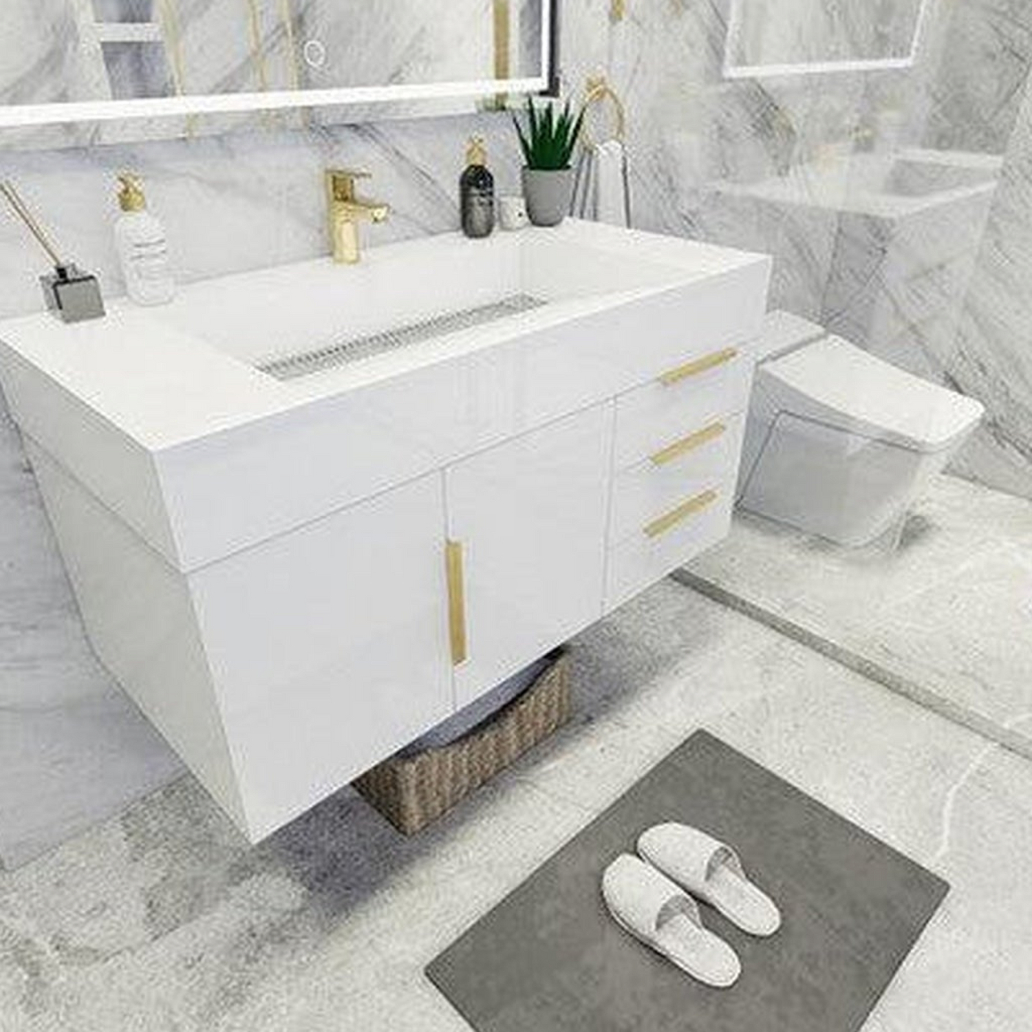 Elara 42&quot; High Gloss White Wall-Mounted Vanity With Right Side Drawers and Single Reinforced White Acrylic Sink