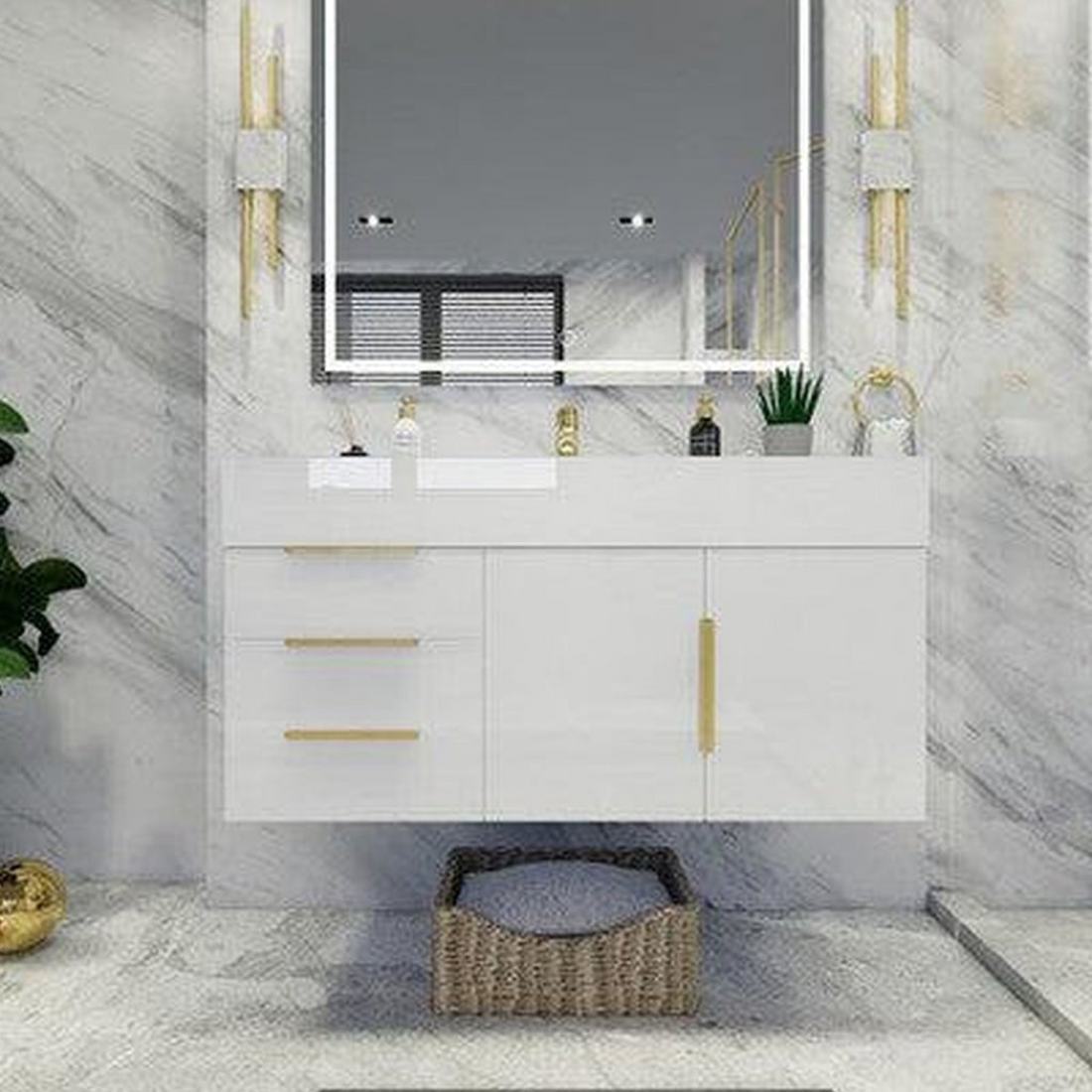 Elara 42&quot; High Gloss White Wall-Mounted Vanity With Left Side Drawers and Single Reinforced White Acrylic Sink