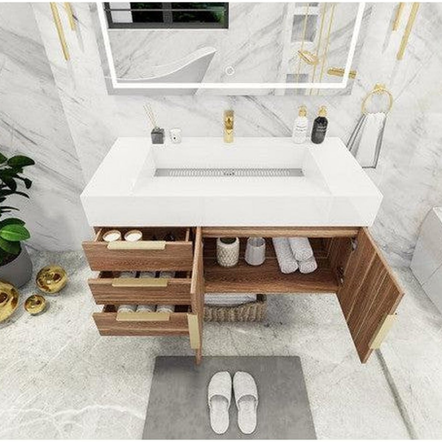 Elara 42&quot; White Oak Wall-Mounted Vanity With Left Side Drawers and Single Reinforced White Acrylic Sink