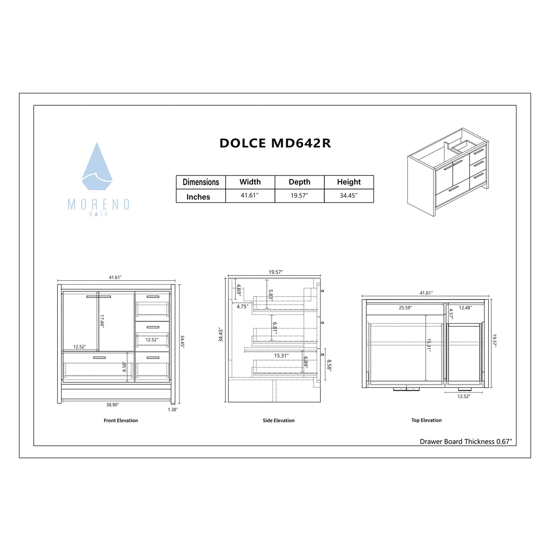 Amara 42&quot; High Gloss Ash Gray Freestanding Vanity With Right Side Drawers and Single Reinforced White Acrylic Sink