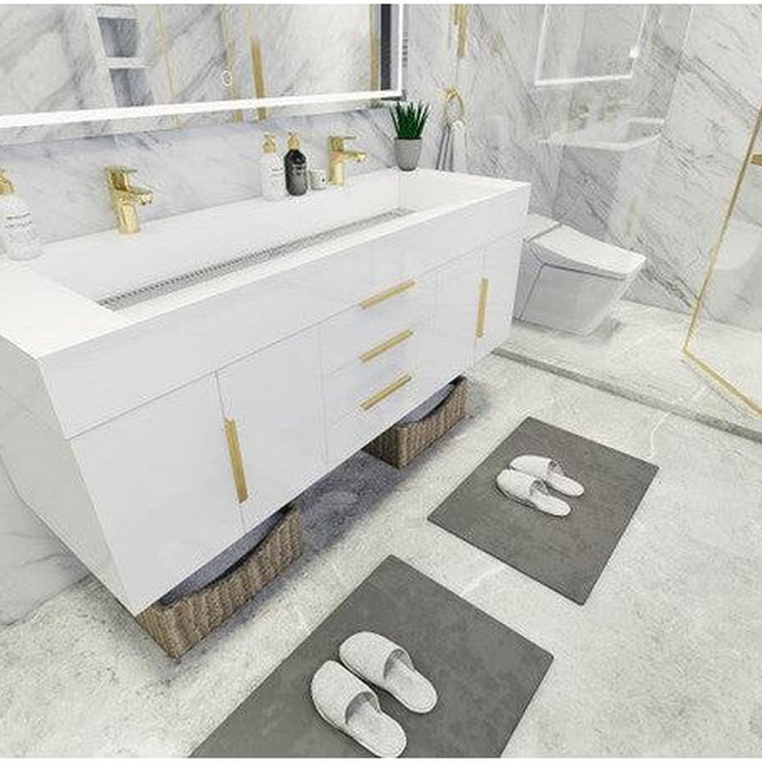 Elara 60&quot; High Gloss White Wall-Mounted Vanity With Double Reinforced White Acrylic Sinks