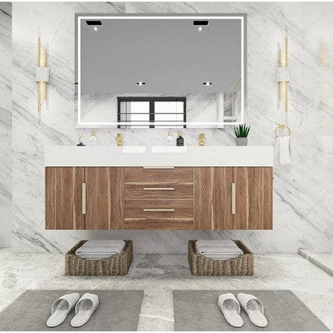 Elara 60&quot; White Oak Wall-Mounted Vanity With Double Reinforced White Acrylic Sinks