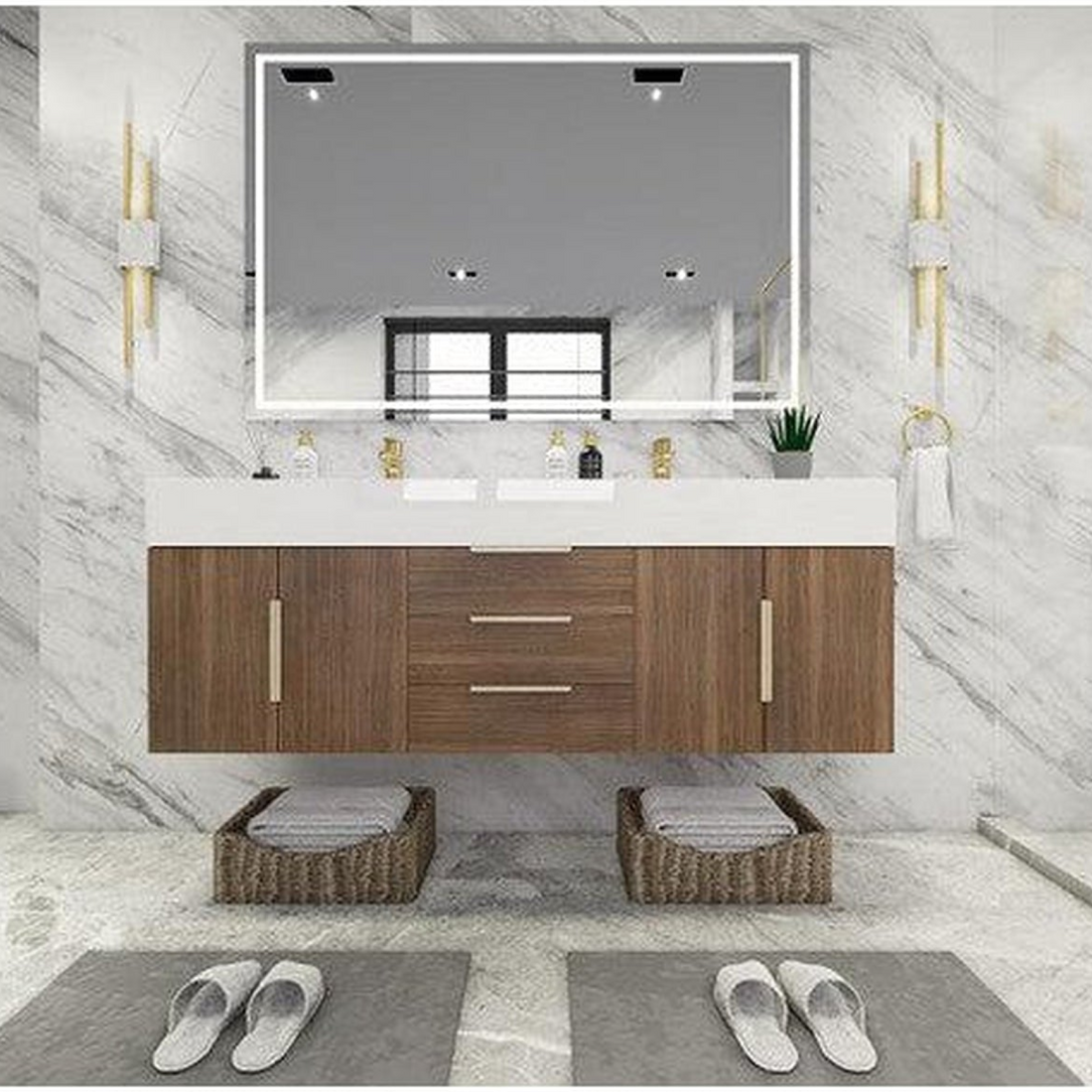 Elara 60&quot; Rosewood Wall-Mounted Vanity With Double Reinforced White Acrylic Sinks