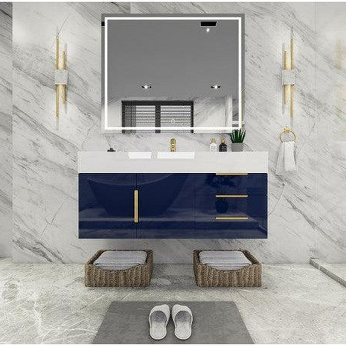 Elara 48&quot; High Gloss Night Blue Wall-Mounted Vanity With Single Reinforced White Acrylic Sink