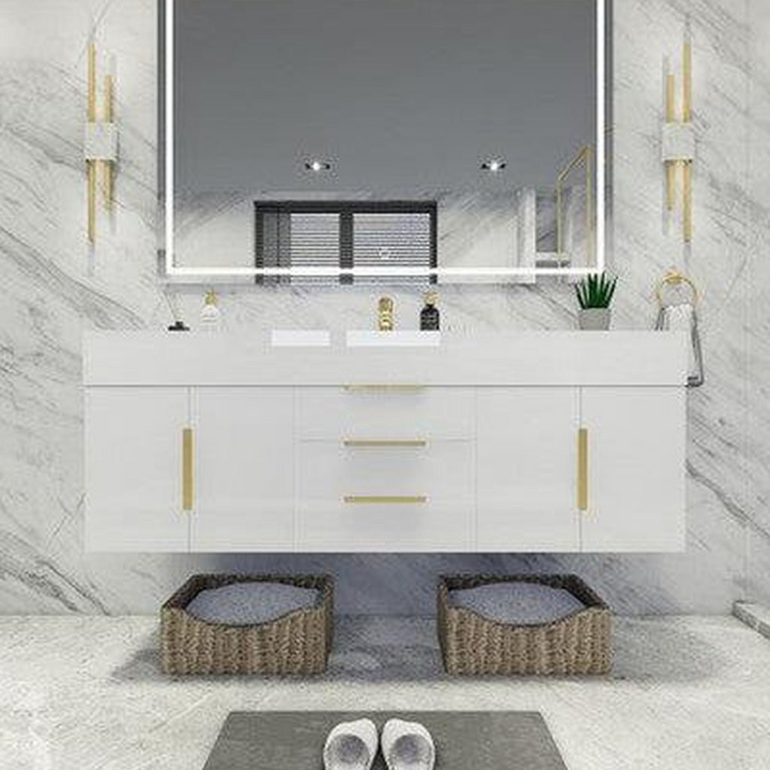Elara 60&quot; High Gloss White Wall-Mounted Vanity With Single Reinforced White Acrylic Sink