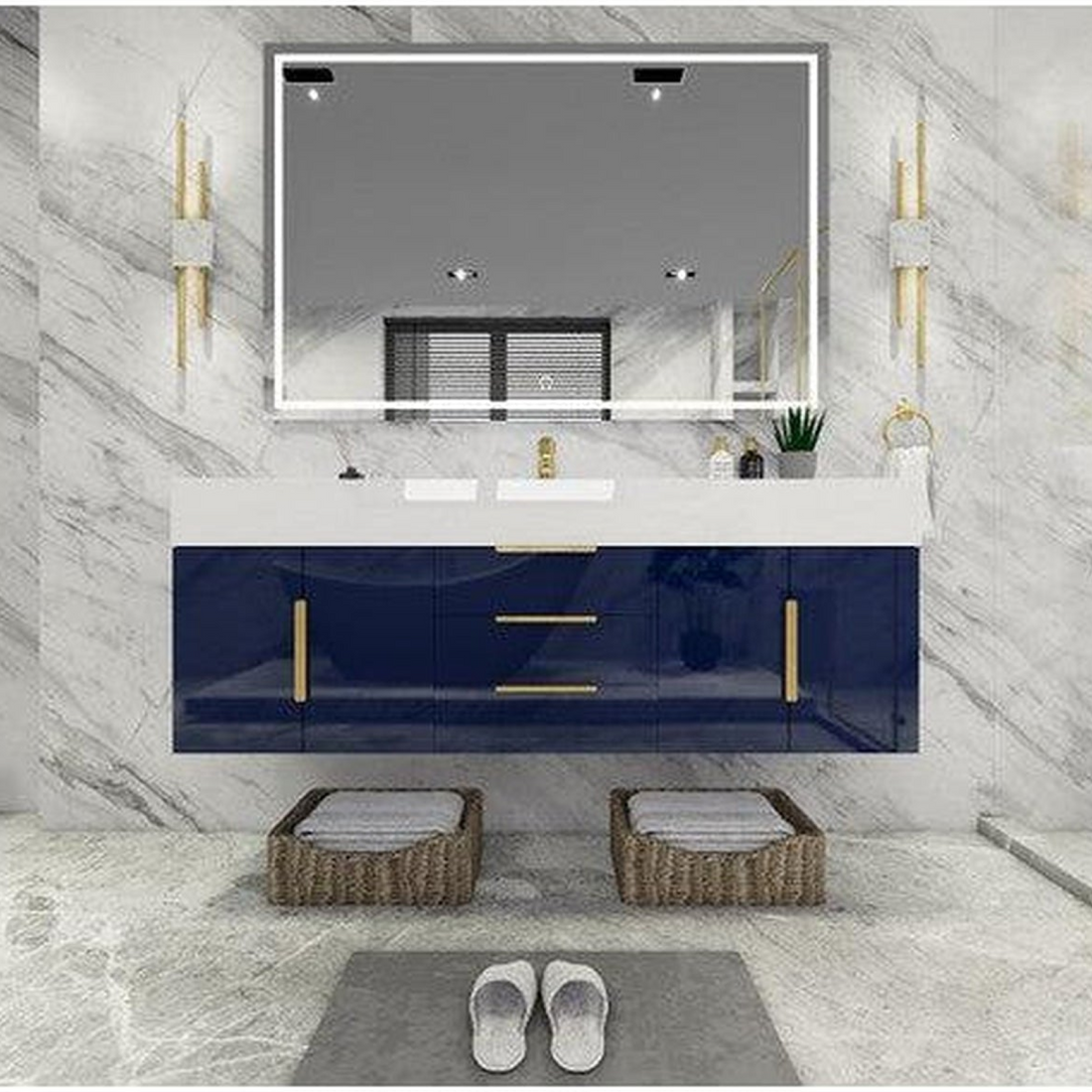 Elara 60&quot; High Gloss Night Blue Wall-Mounted Vanity With Single Reinforced White Acrylic Sink