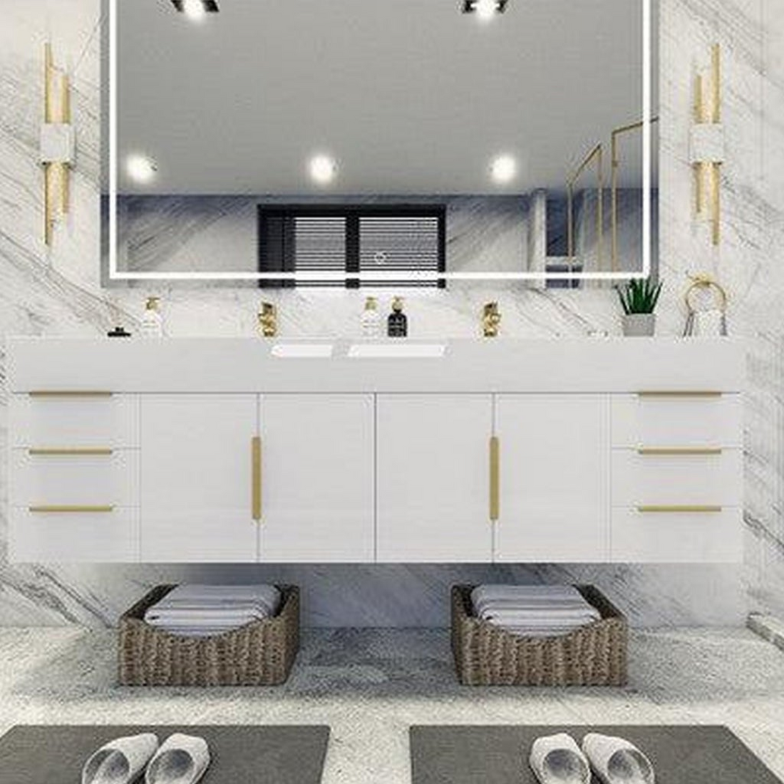 Elara 72&quot; High Gloss White Wall-Mounted Vanity With Double Reinforced White Acrylic Sinks