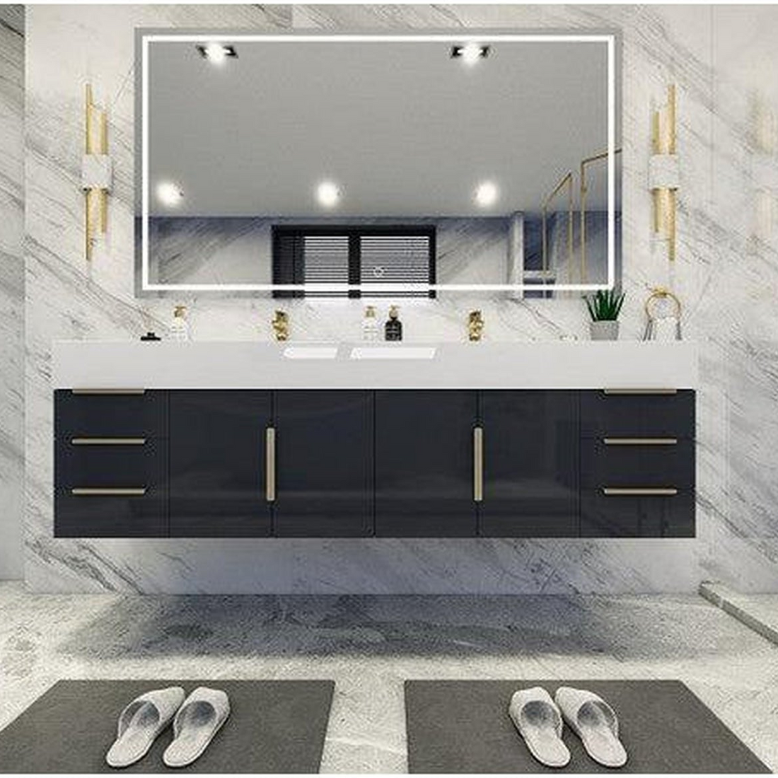 Elara 72&quot; High Gloss Gray Wall-Mounted Vanity With Double Reinforced White Acrylic Sinks