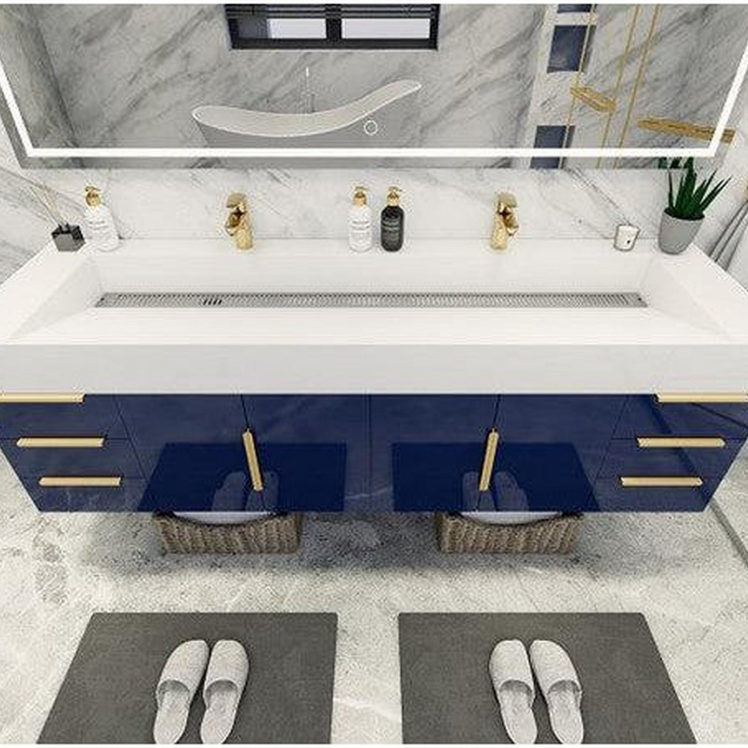 Elara 72&quot; High Gloss Night Blue Wall-Mounted Vanity With Double Reinforced White Acrylic Sinks