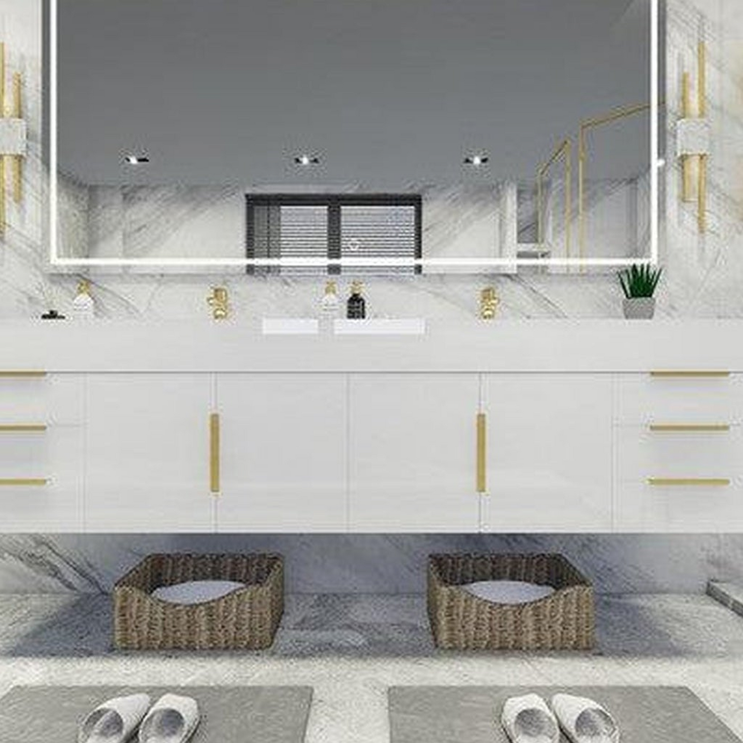 Elara 84&quot; High Gloss White Wall-Mounted Vanity With Double Reinforced White Acrylic Sinks
