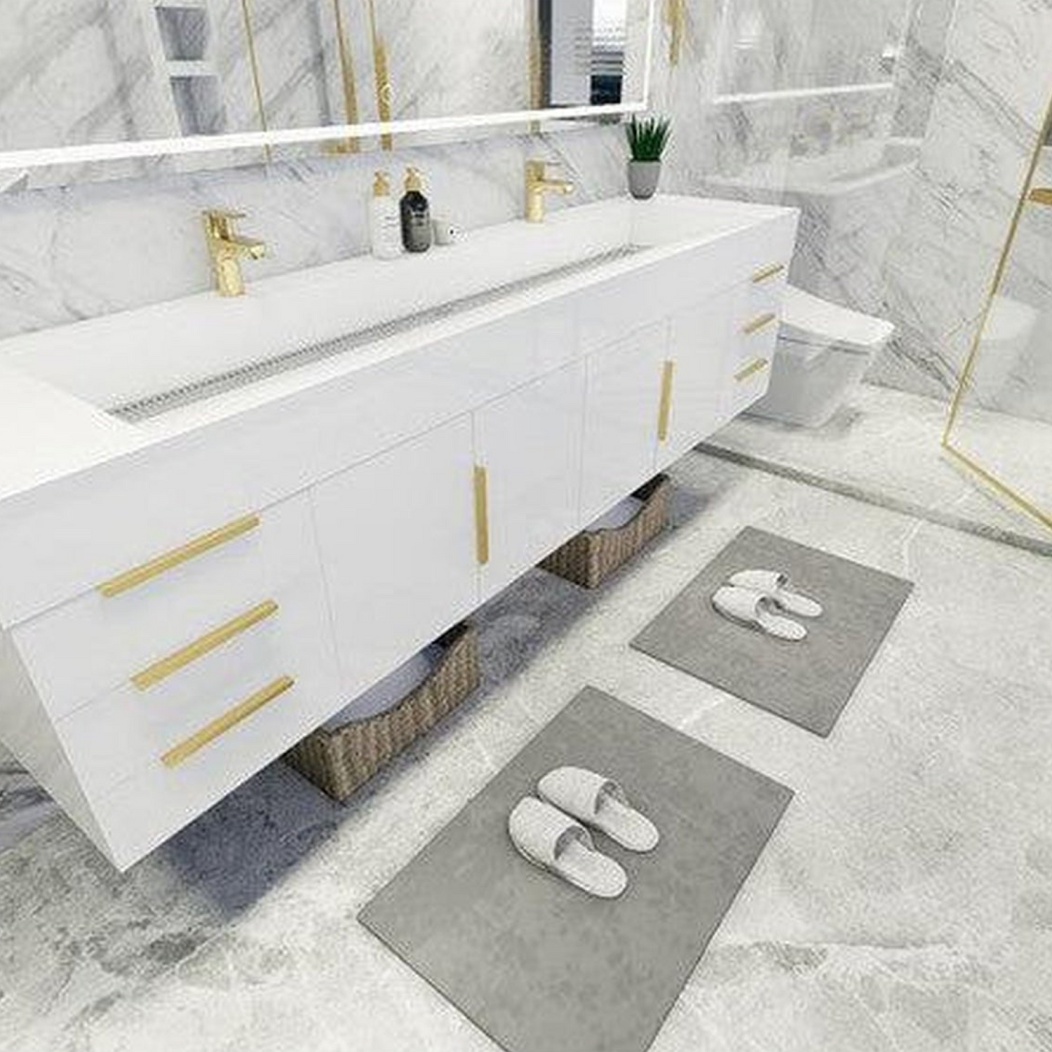 Elara 84&quot; High Gloss White Wall-Mounted Vanity With Double Reinforced White Acrylic Sinks