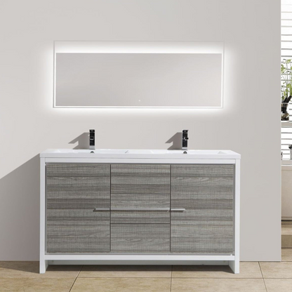 Amara 60&quot; High Gloss Ash Gray Freestanding Vanity With Double Reinforced White Acrylic Sinks