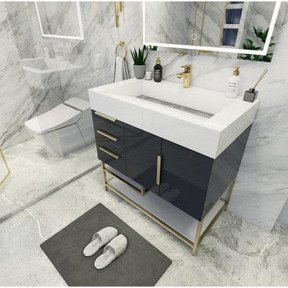 Elara 36&quot; High Gloss Gray Freestanding Vanity With Left Side Drawers and Single Reinforced White Acrylic Sink