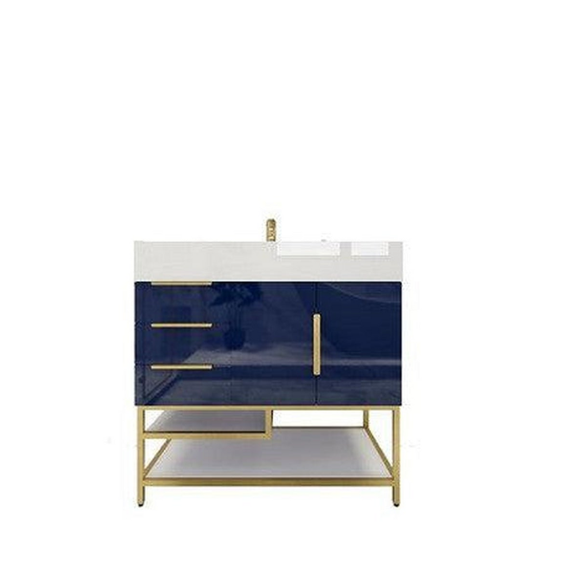 Elara 36&quot; High Gloss Night Blue Freestanding Vanity With Left Side Drawers and Single Reinforced White Acrylic Sink